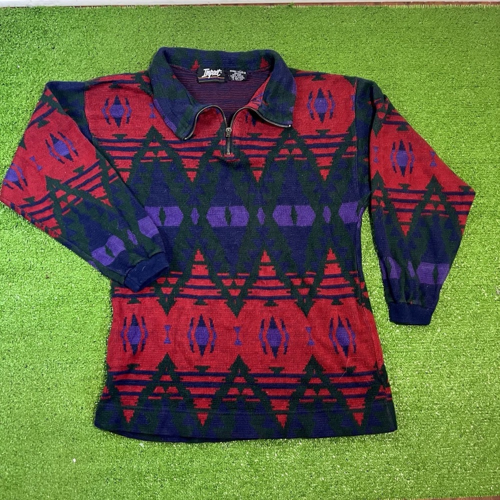 Vintage Acrylic 1/4 Zip MED.‎ 80s Aztec Pullover Colorful Argyle Vibrant Sweater